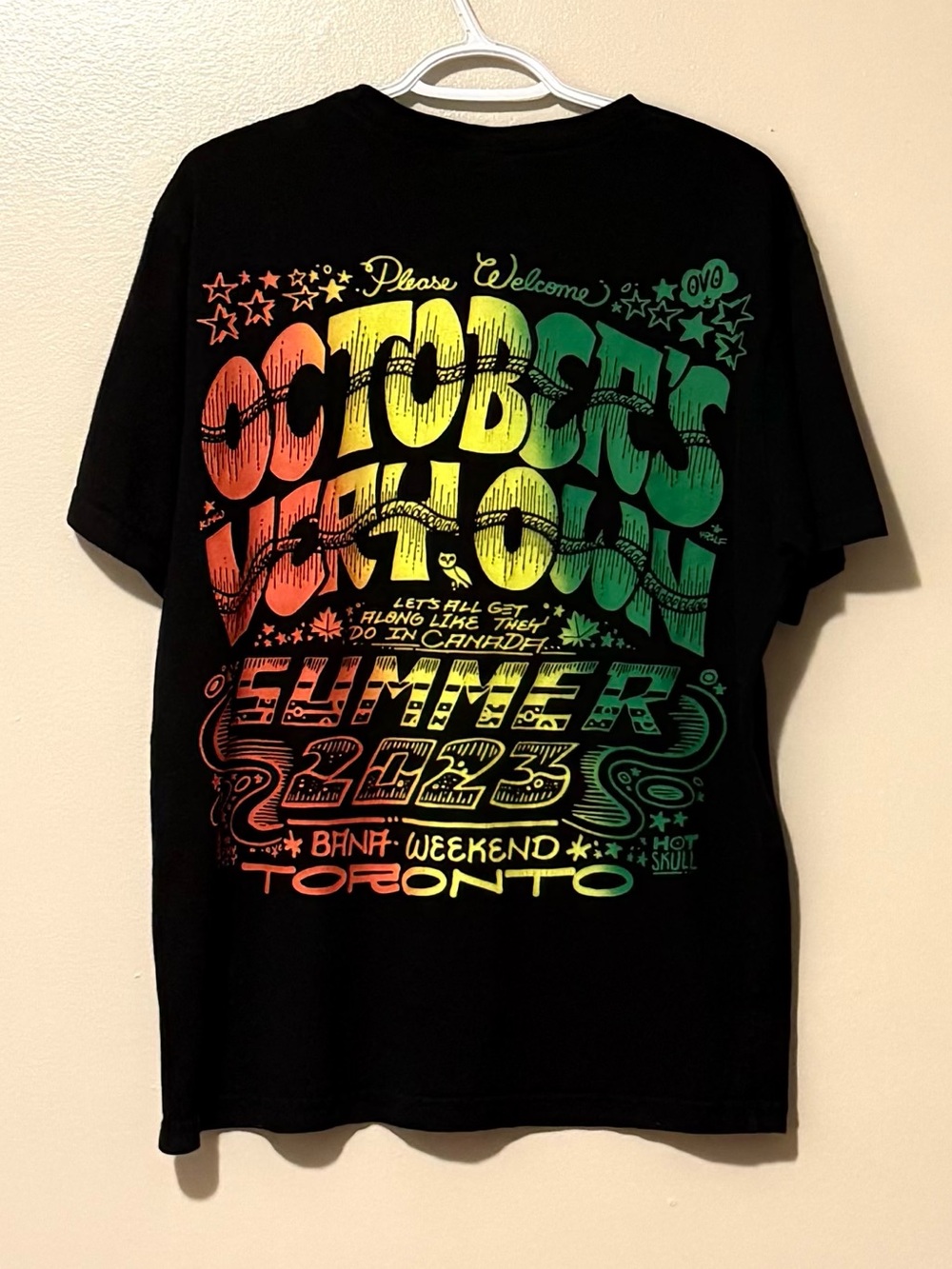 OVO Black Tee with Red Orange Yellow Green Gradient Back Graphic